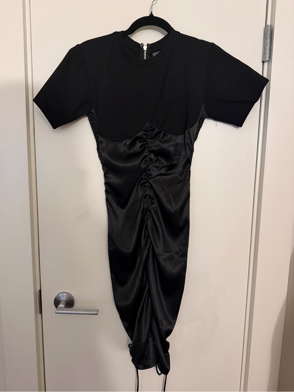 Maniere De Voir Black Ruched Satin-Panel Midi Dress